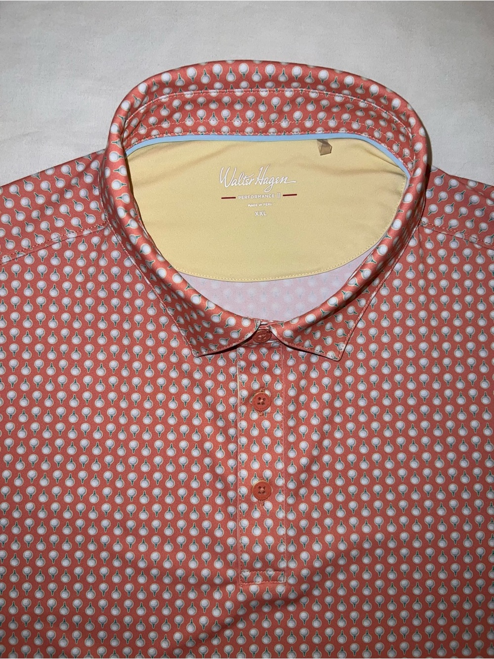Walter Hagen Performance 11 Coral, White Men’s 2XL AOP Golf Ball Geometric Polo